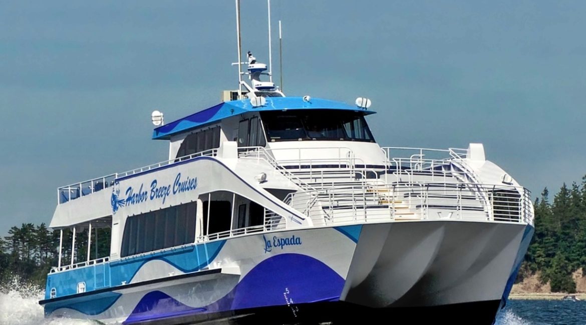 A large blue and white ferry sails on the water